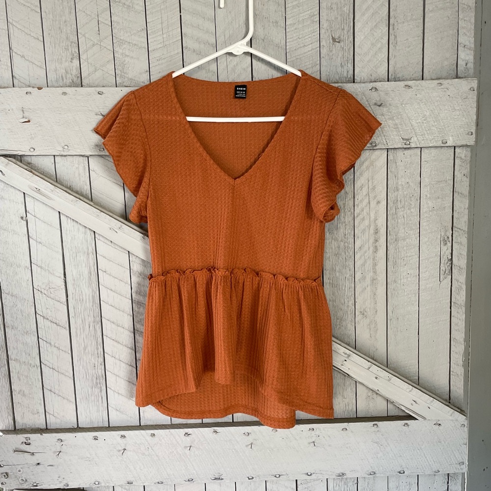 Shein Orange V-Neck Peplum Top size L